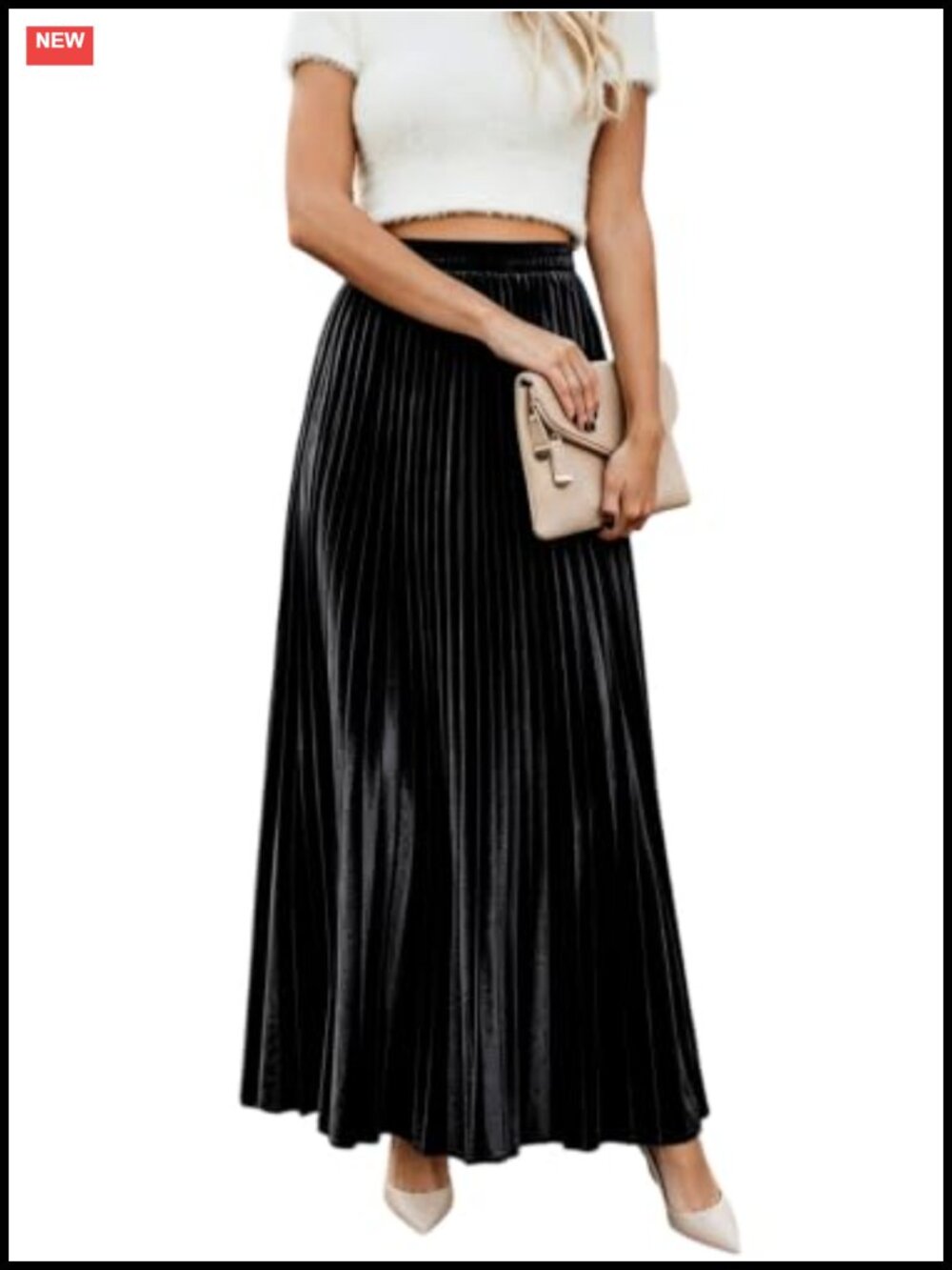 Women High Waist Pleated Metallic Velvet Maxi A-Line Long Skirt
